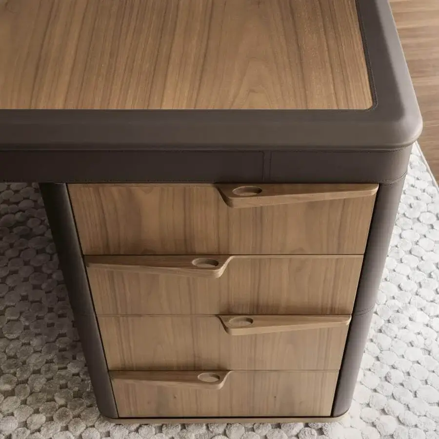 Exceptional 4 Mariani Noah desk with wood veneer, saddle leather edges and dark brown trim offering tidy document storage