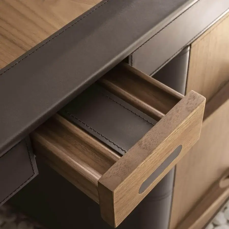 Distinguished 4 Mariani Noah desk crafted with wood veneer, saddle leather accents and a solid wood handle
