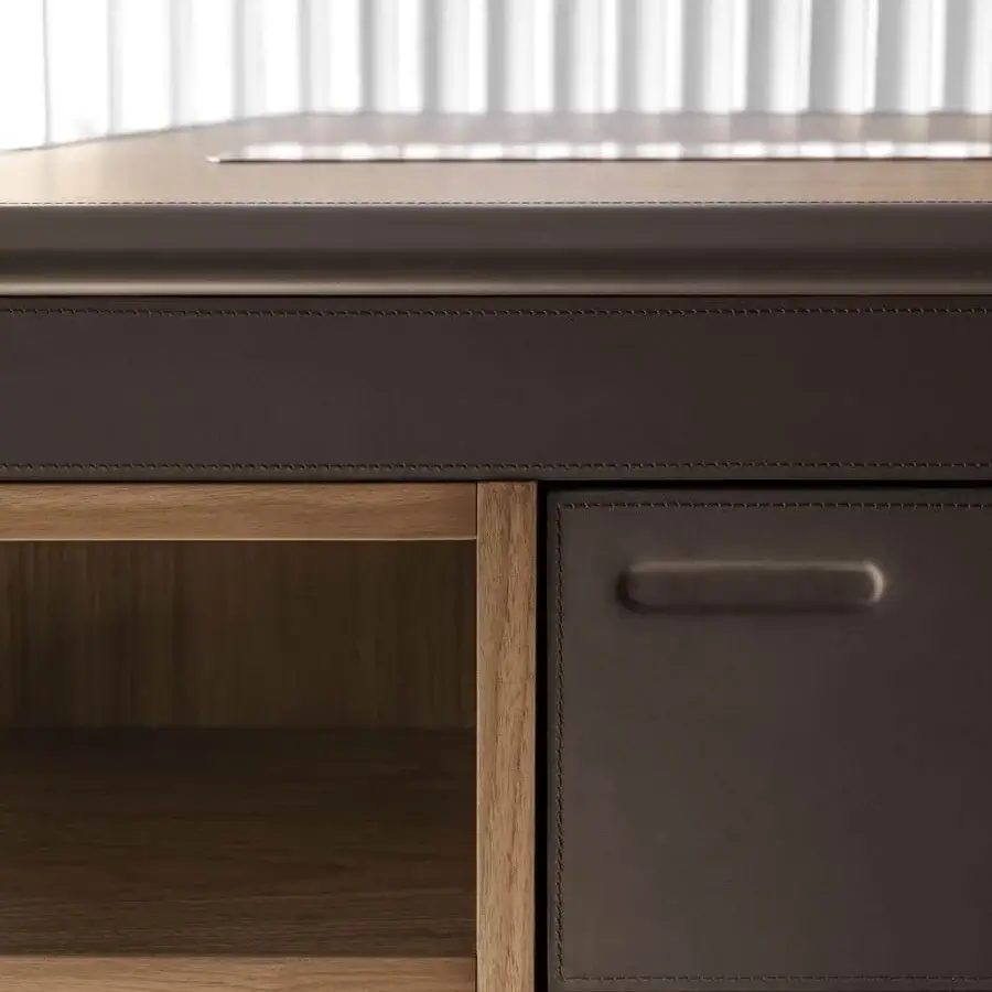 Sophisticated 4 Mariani Noah desk built with wood veneer, saddle leather edges and minimalist wood handles