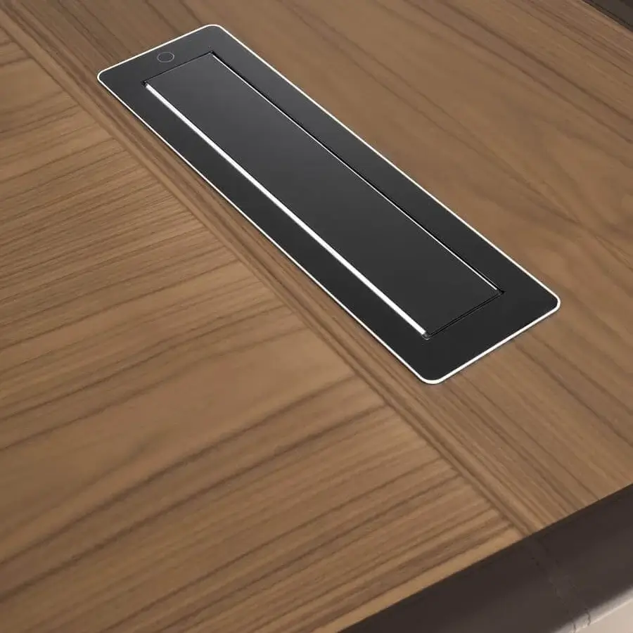 Exclusive 4 Mariani Noah desk built with wood veneer, black walnut door and drawers, plus saddle leather accents