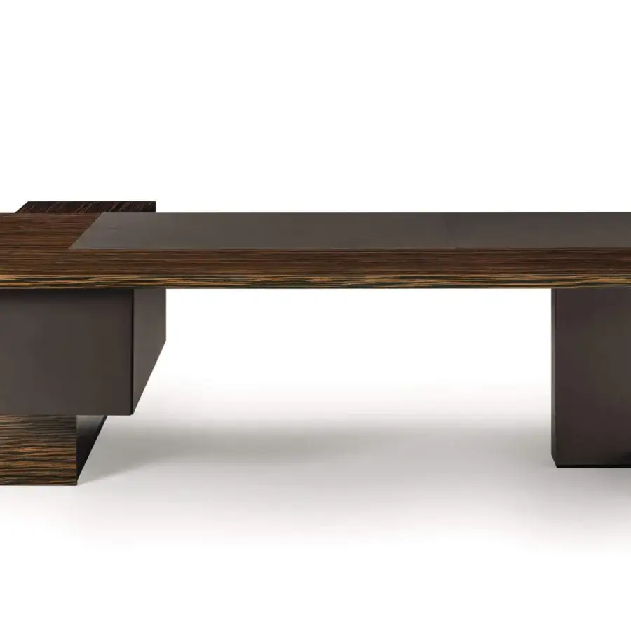 Distinguished 4 Mariani Inca desk built with wood veneered particleboard and soft leather in dark brown tones with charcoal grey lacquered MDF leg
