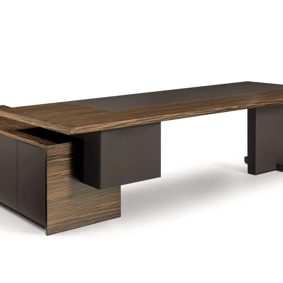 Superior 4 Mariani Inca desk with angular silhouette crafted in dark brown wood veneered particleboard and charcoal grey lacquered MDF with smooth finish