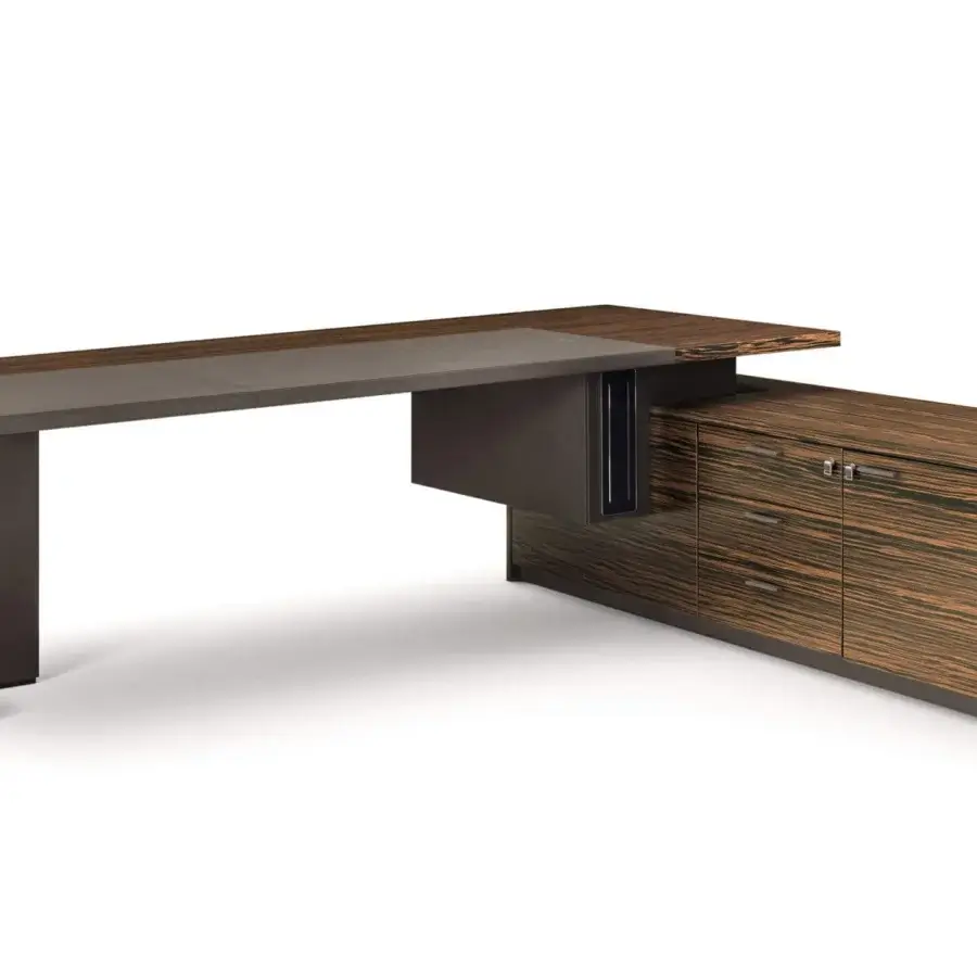 Innovative 4 Mariani Inca desk with geometric form built in wood, charcoal grey lacquered MDF, and titanium-colored aluminum hardware