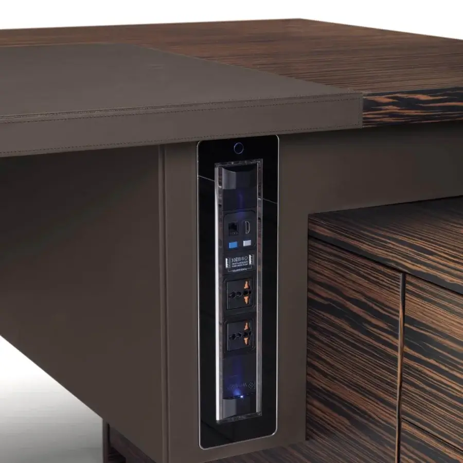 Elegant 4 Mariani Inca desk built with wood veneered particleboard and charcoal grey lacquered accents with high-gloss finish