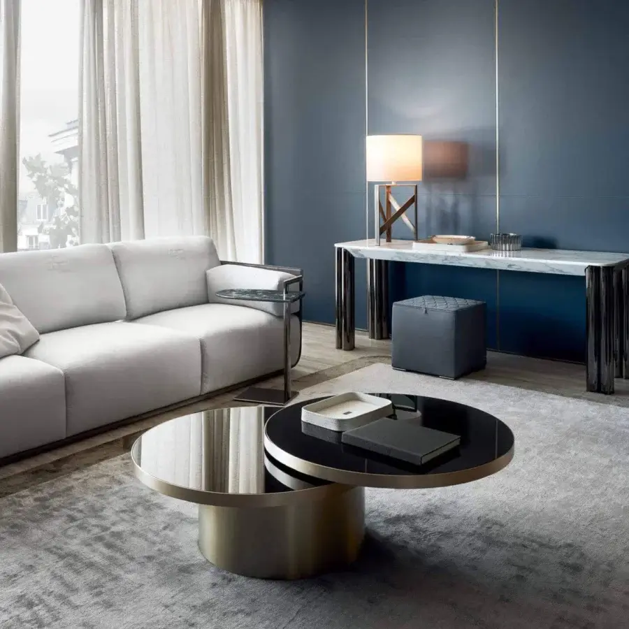 Exclusive Rugiano Forest console with rectangular marble top and glossy chrome metallic legs crafted in Italy