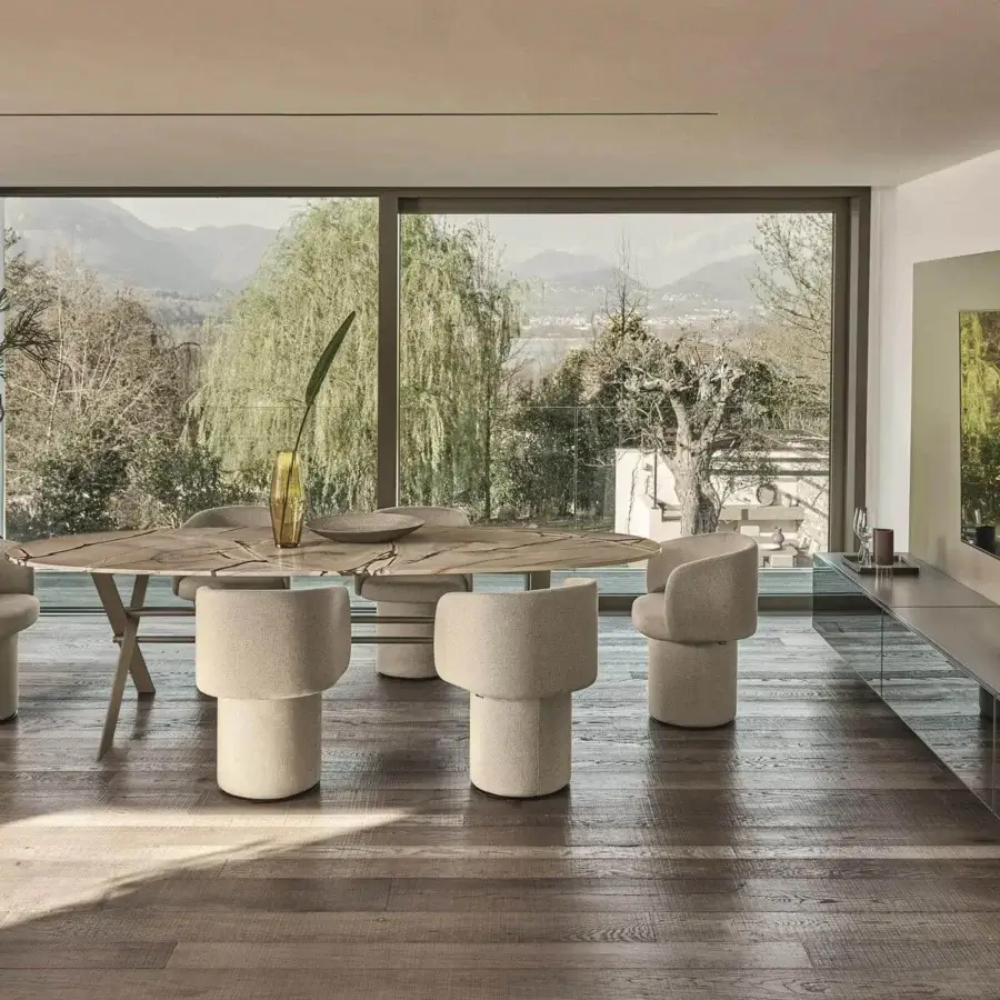Superior Ditre Italia Billie armchair with seamless construction, light beige matte textile and curved lines