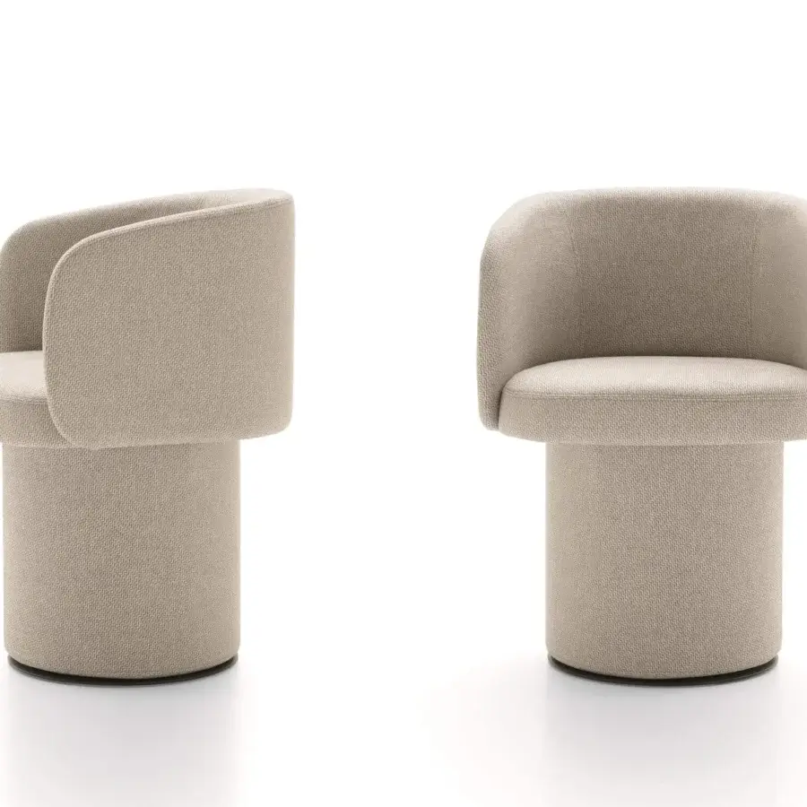 Distinguished Ditre Italia Billie armchair with rounded form, light beige matte textile upholstery and cylindrical base