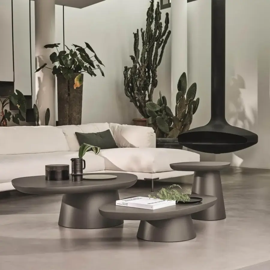 Superior Ditre Italia Stone side and coffee table set with matte gray finish and carved wooden tops built with a metal base