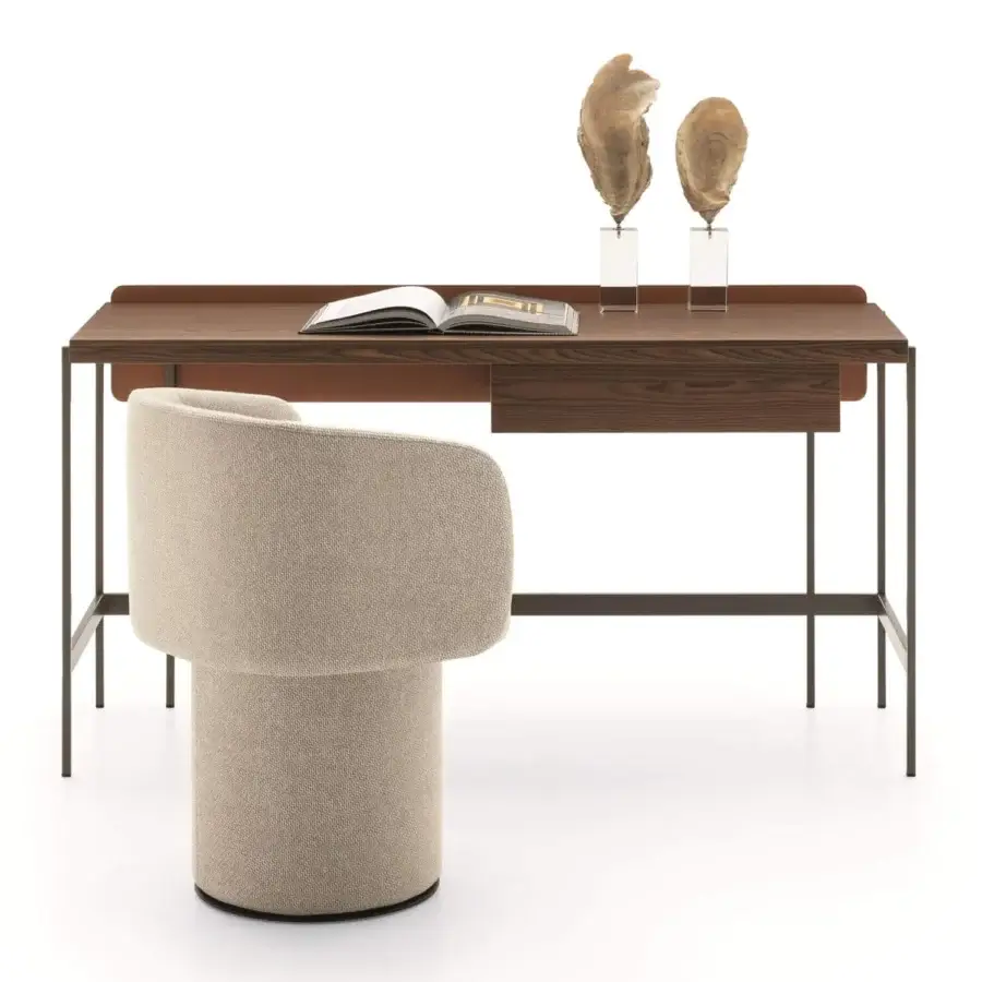 Distinguished Ditre Italia Unit desk with medium-toned wood surface and dark matte metal frame crafted in Italy with integrated drawer and leather panel