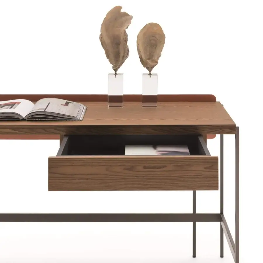 Distinguished Ditre Italia Unit desk with medium-toned wood and sleek brown leather panel built with a dark gray metal frame