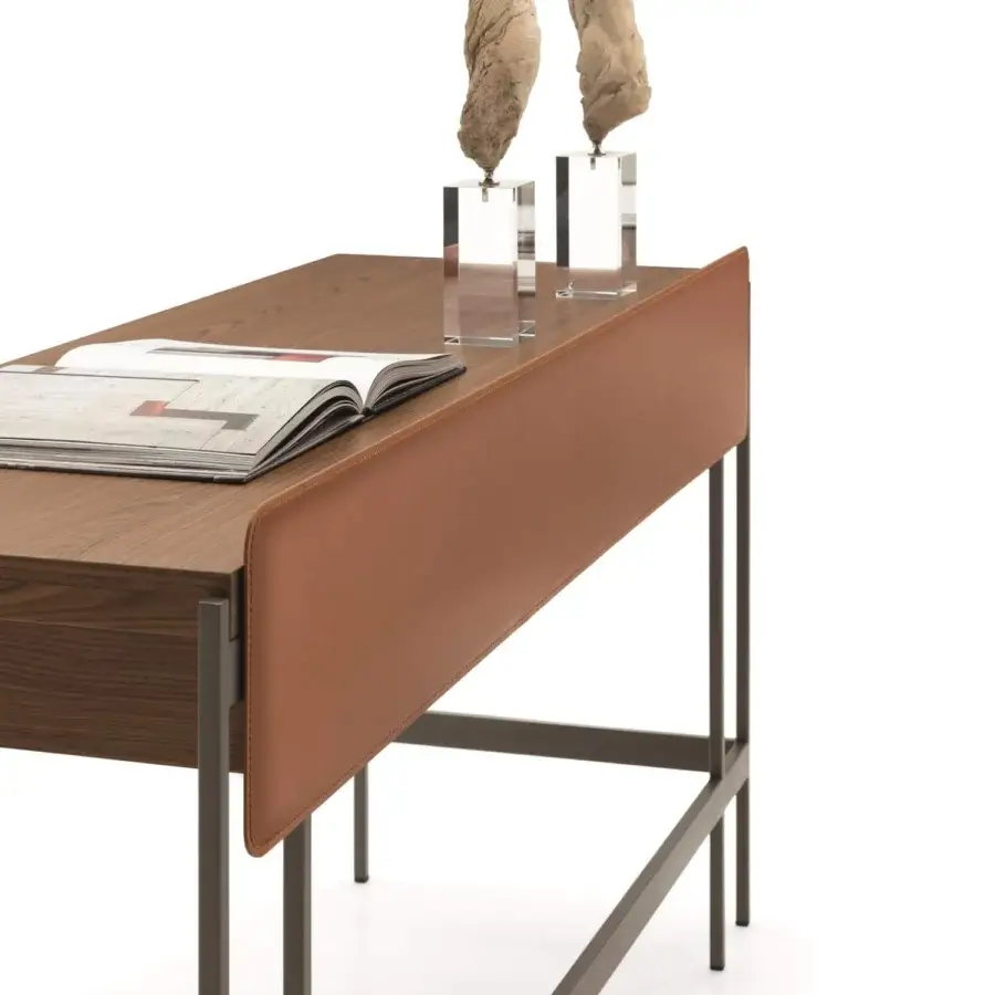 Sophisticated Ditre Italia Unit desk with dark wood grain and light brown leather-like panel supported by a dark gray metal frame