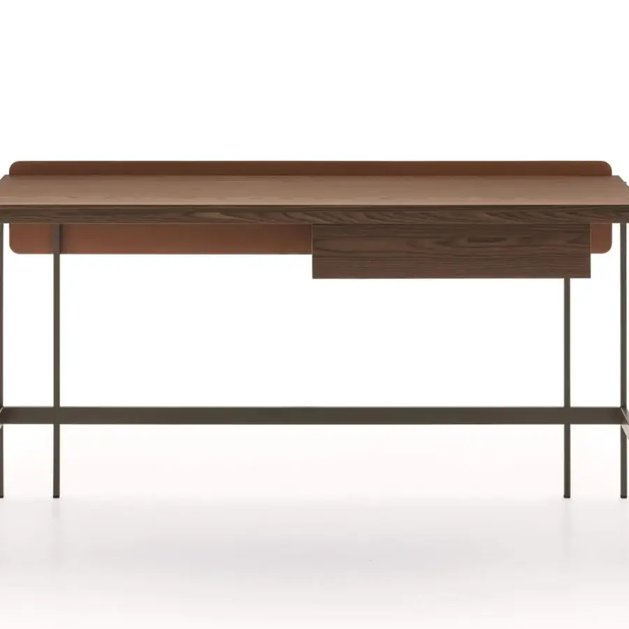 Distinguished Ditre Italia Unit desk with dark-stained wood worktop and lighter brown leather panel crafted in dark metal