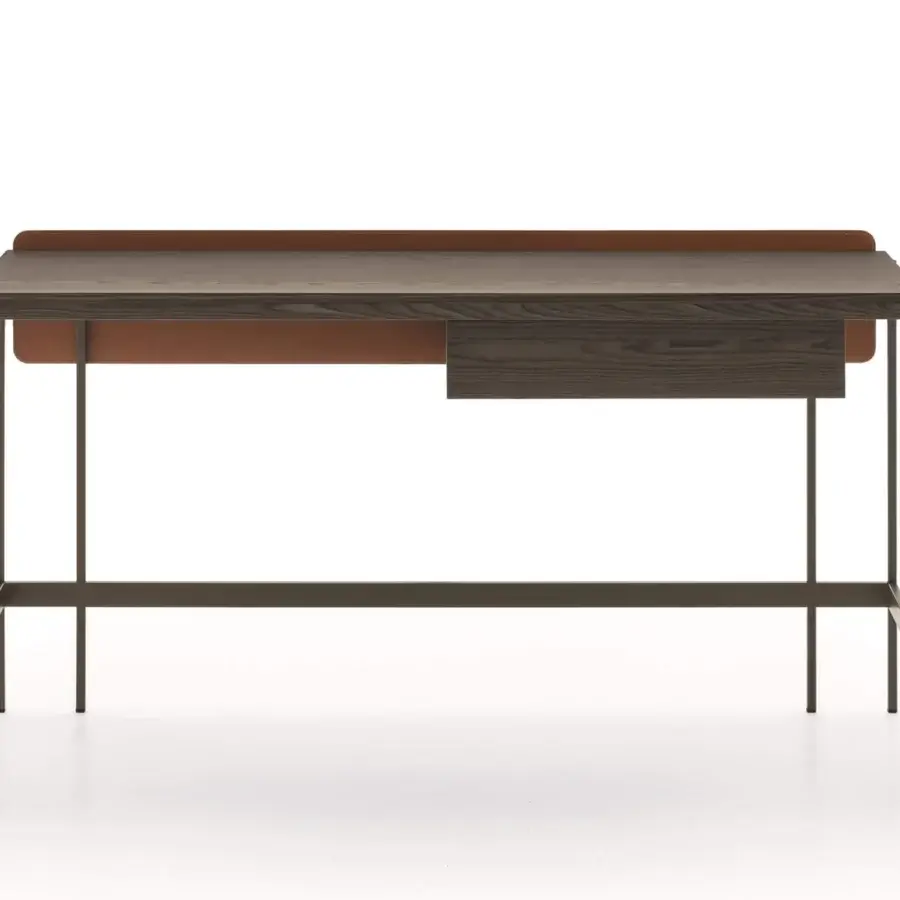 Exceptional Ditre Italia Unit desk with light-toned wood, dark metal, and rich brown leather panel crafted in Italy