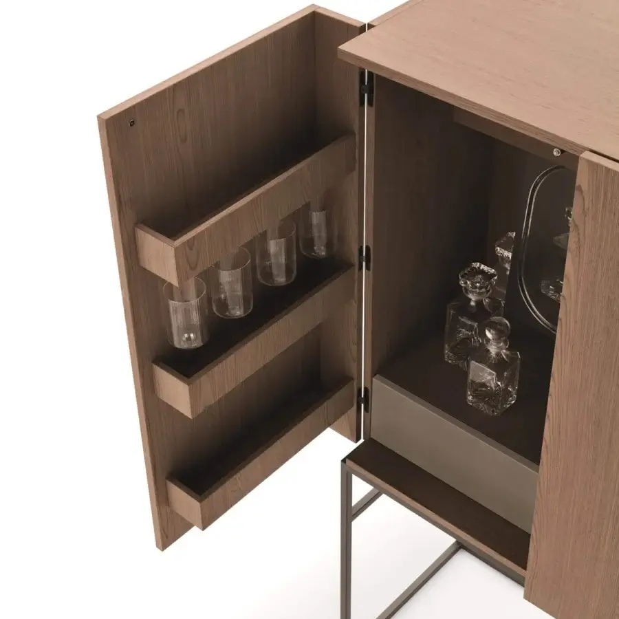 Distinguished Ditre Italia Unit Privé bar cabinet with wooden structure and bonded leather drawers in matte medium brown finish