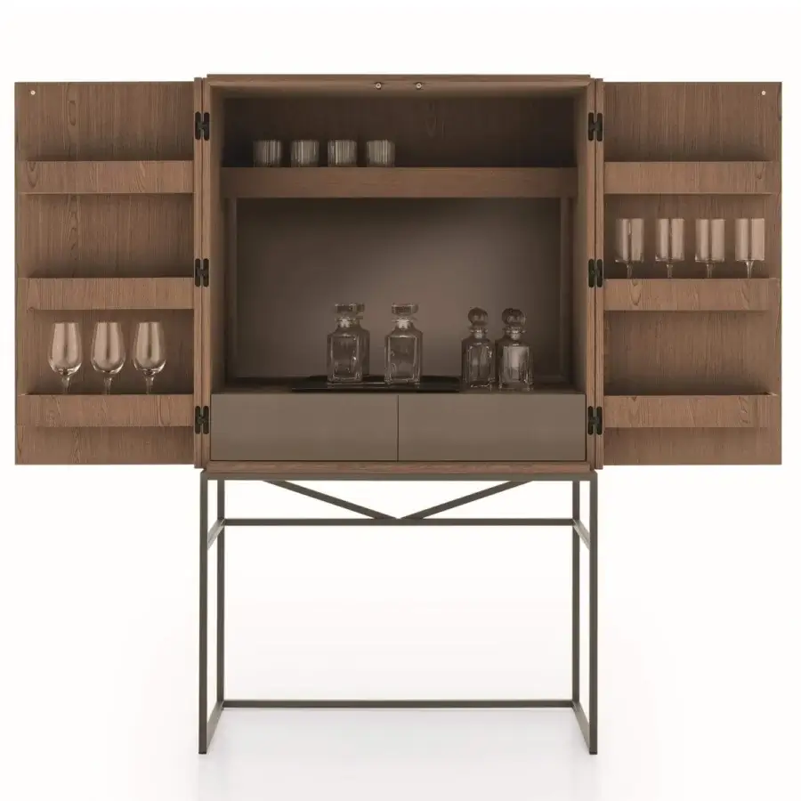Elegant Ditre Italia Unit Privé bar cabinet crafted with wood and metal, showcasing light brown bonded leather fronts and a medium brown wood grain