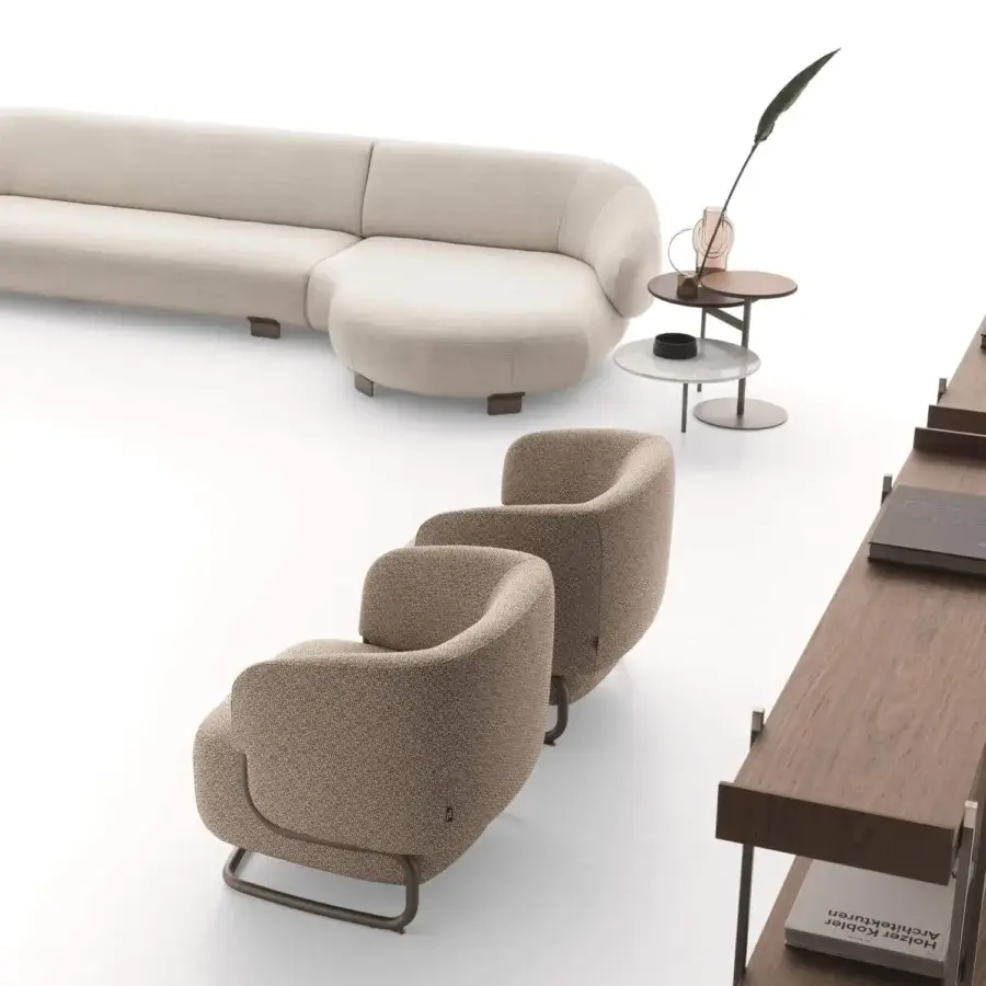 Distinctive Ditre Italia Tris coffee table with tiered glossy wood and matte white marble surfaces in a satin metal frame