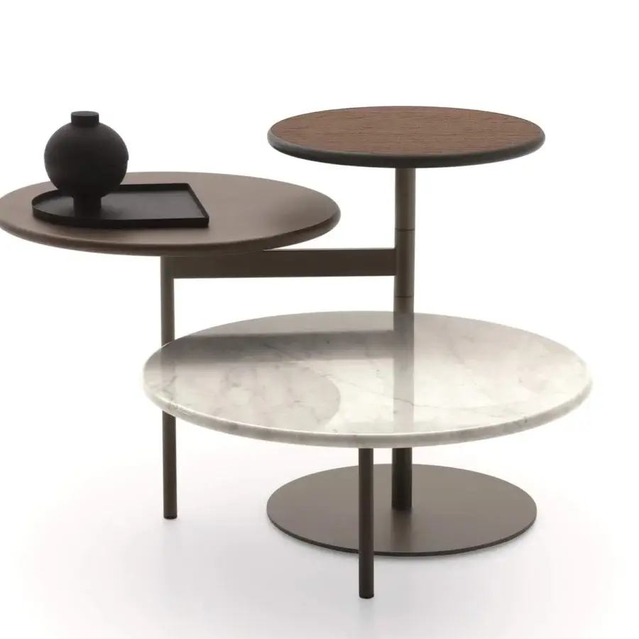 Exclusive Ditre Italia Tris coffee table with rotating tiers in light gray and dark brown wood-like materials crafted with a marble-like finish