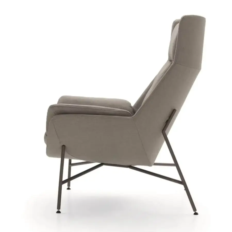 Captivating Ditre Italia Beetle lounge chair upholstered in neutral gray-beige textile with dark finished metal legs