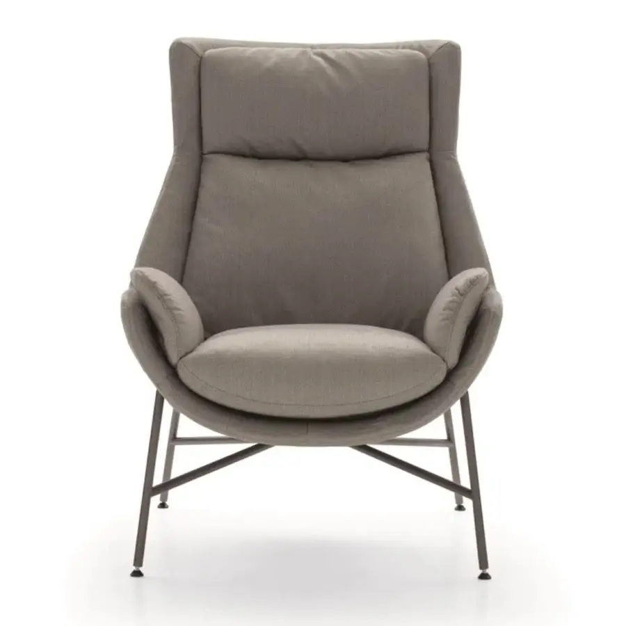 Distinguished Ditre Italia Beetle lounge chair fully upholstered in neutral gray-brown fabric with narrow metal legs