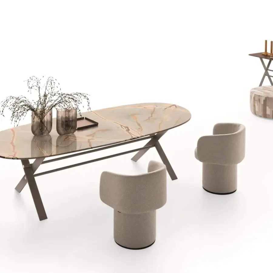 Distinguished Ditre Italia Billie table with beige, cream and gold swirling marble-like top and muted bronze matte metal base