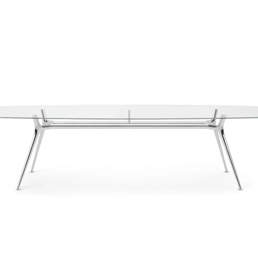 Distinguished Presotto P016 table presents a transparent glass top with a metal structure and glossy chrome finished aluminum legs