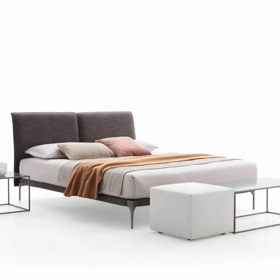Superior Ditre Italia Ada bed with a slimline headboard upholstered in medium brown woven textile and thin dark metal legs