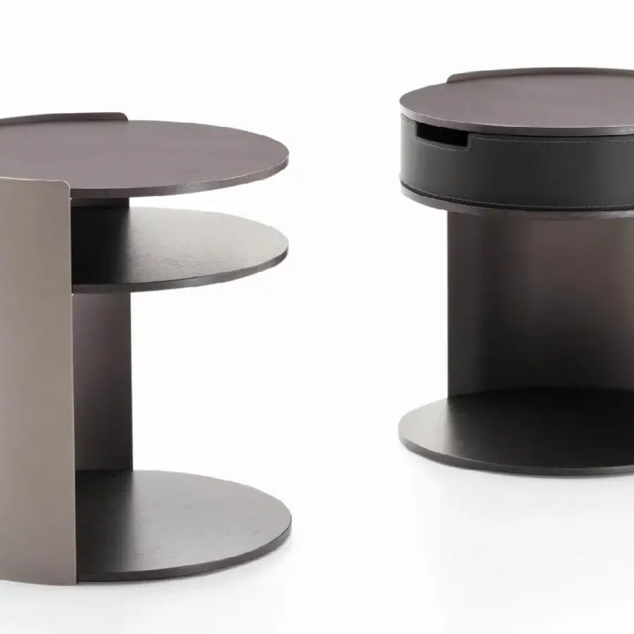 Distinguished Ditre Italia Skin nightstand crafted with veneered wood, bent metal, and bonded leather with visible stitching in matte and satin finish
