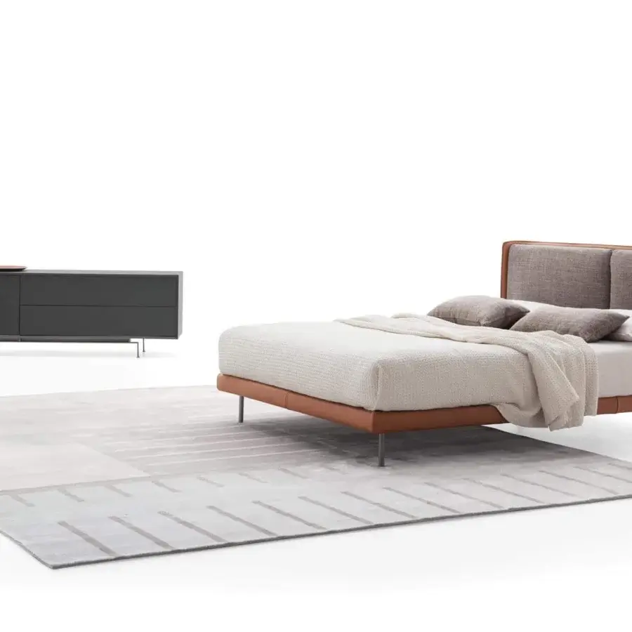Exceptional Ditre Italia Skin bed with brown leather frame and horizontally oriented gray-brown textile upholstery