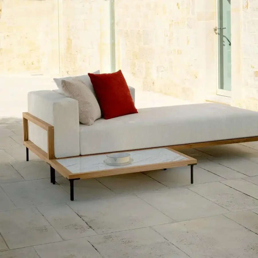 Refined Talenti Cleo coffee table with light marble tabletop and smooth light-toned wood frame built with matte black metal legs