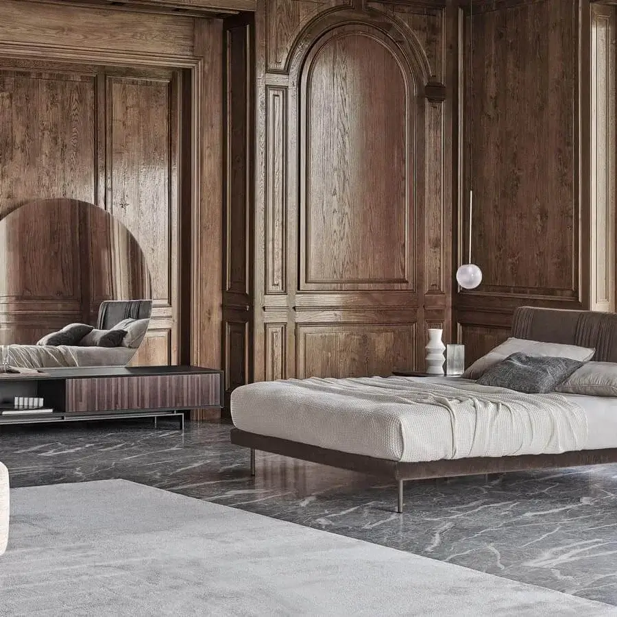 Elegant Ditre Italia Chloè bed with pleating and delicate metal legs in muted brown fabric with a smooth matte finish