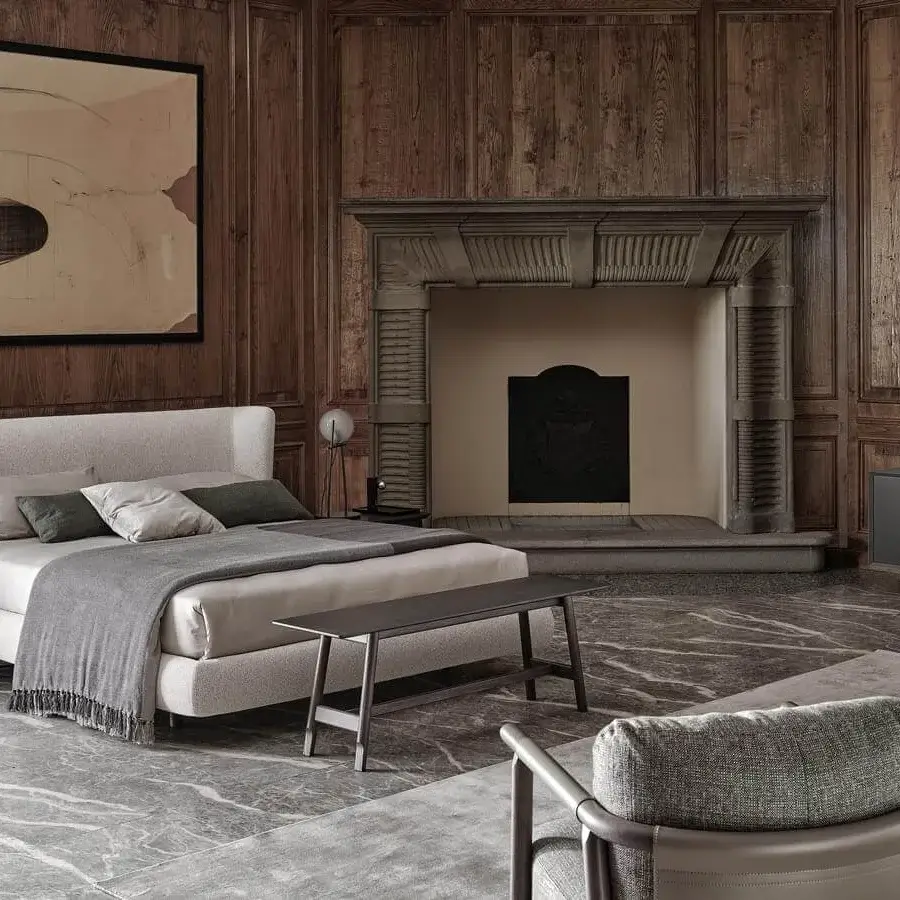 Elegant Ditre Italia Royal bed with light beige textile upholstery and a soft rectangular silhouette