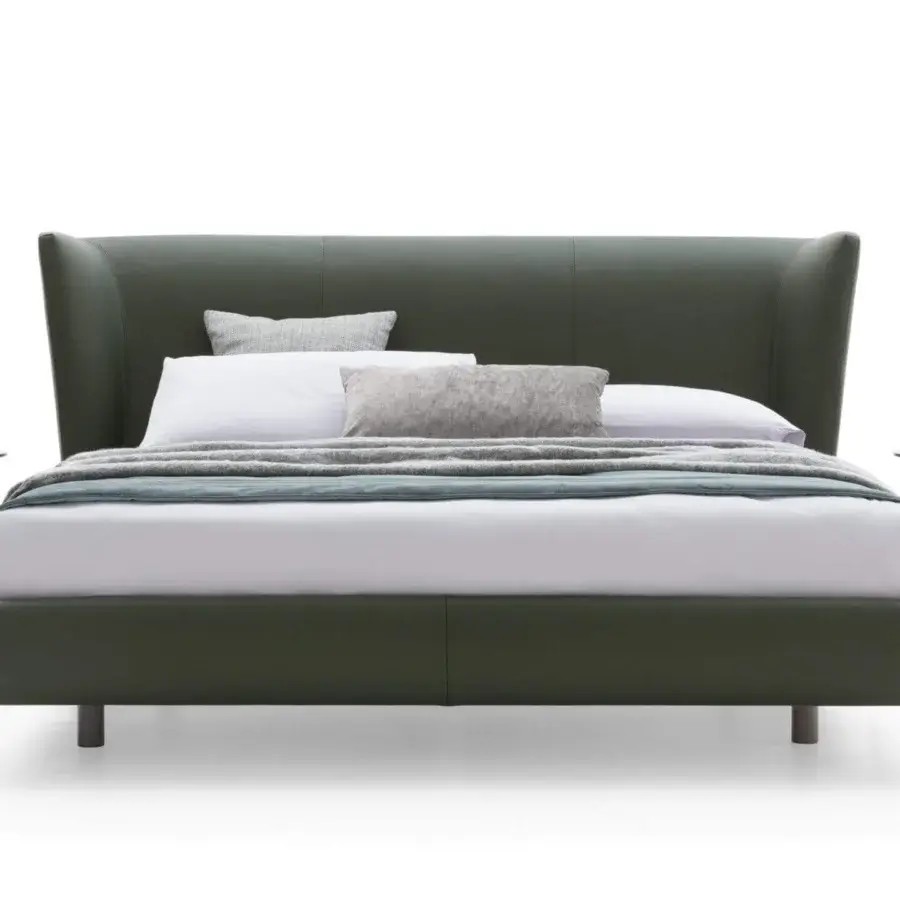 Elegant Ditre Italia Royal bed with dark greenish-gray upholstery and smooth matte finish crafted in Italy