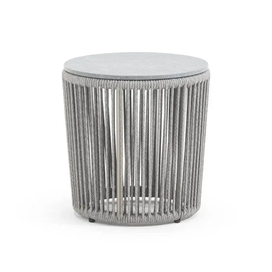 Meticulous Varaschin Tibidabo side table with light gray woven aluminum frame and smooth matte HPL top