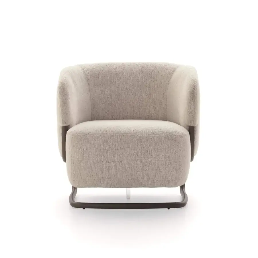 Distinguished Ditre Italia Marabù lounge chair with light beige textile and dark metal frame, exhibiting a textured matte finish