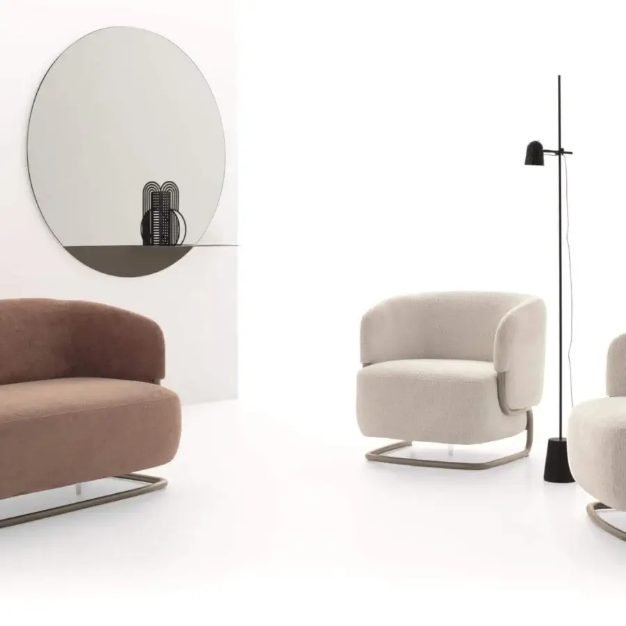 Exceptional Ditre Italia Marabù sofa with a voluminous seat and curved tubular metal frame upholstered in brown textile