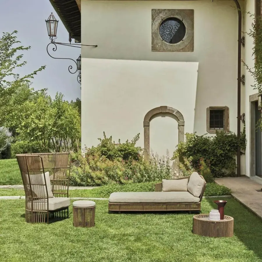 Superior Varaschin Tibidabo ottoman with light brown hand-woven aluminum and comfortable outdoor seat cushion