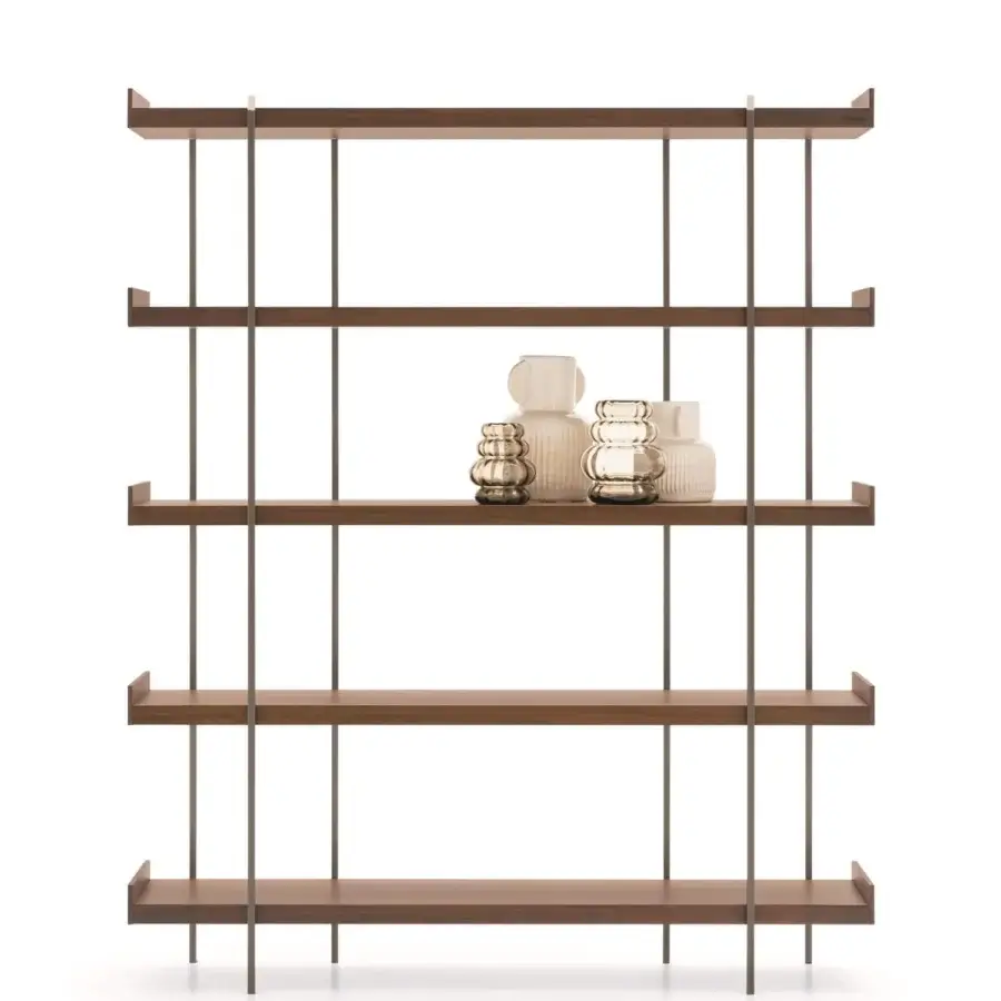 Distinguished Ditre Italia Unit bookcase with a metal supporting structure and five matte medium-brown veneered wood shelves
