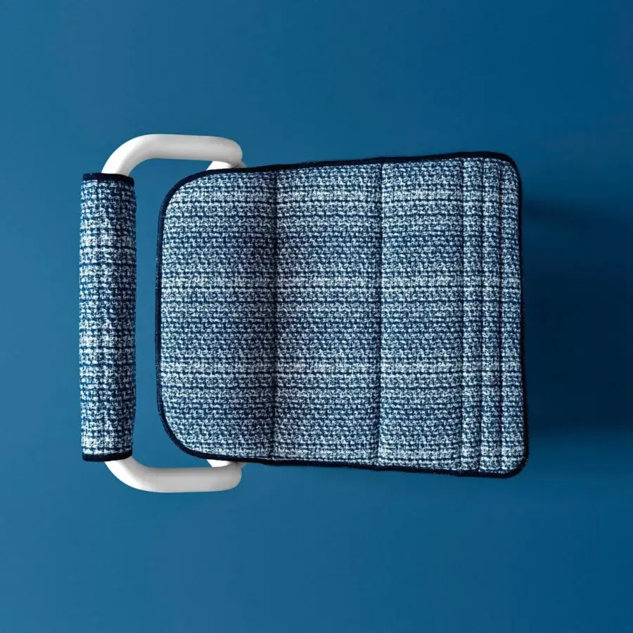 Superior Varaschin Noss chair with white powder-coated aluminum and textured blue tweed-like upholstery crafted in Italy