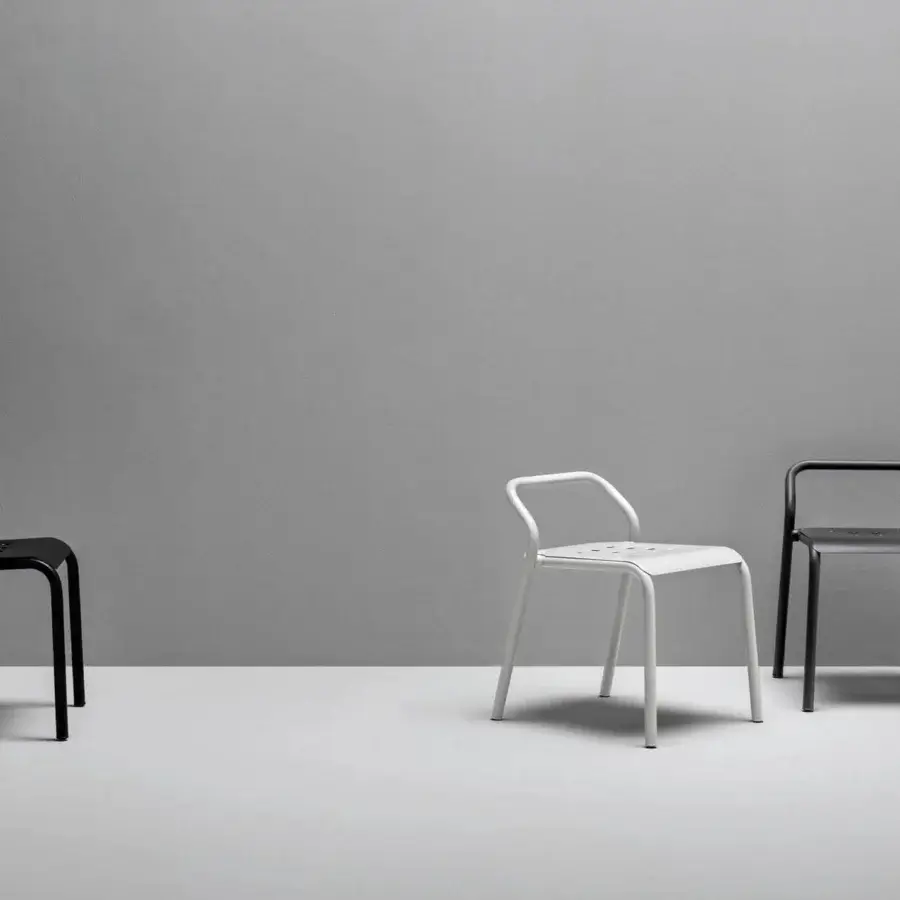 Superior Varaschin Noss chair with sleek aluminum and perforated seat exhibiting a matte powder coated finish
