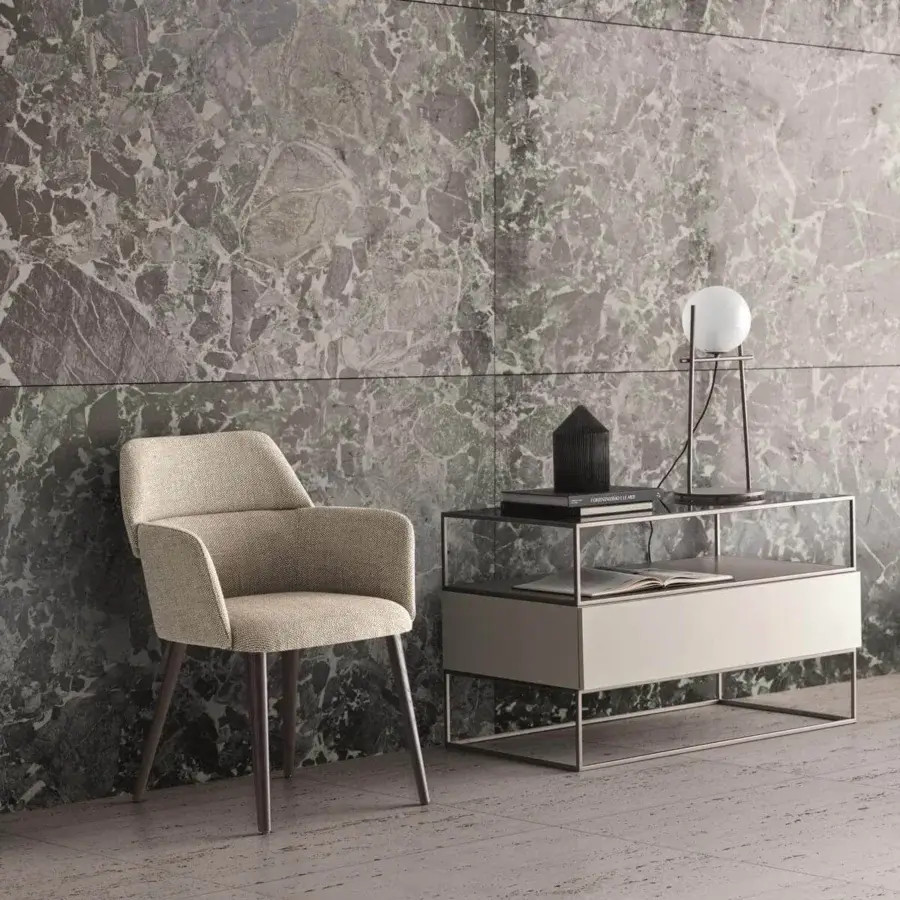 Exclusive Ditre Italia Archie armchair with overlapping volumes upholstered in light beige textured fabric and dark brown wooden legs