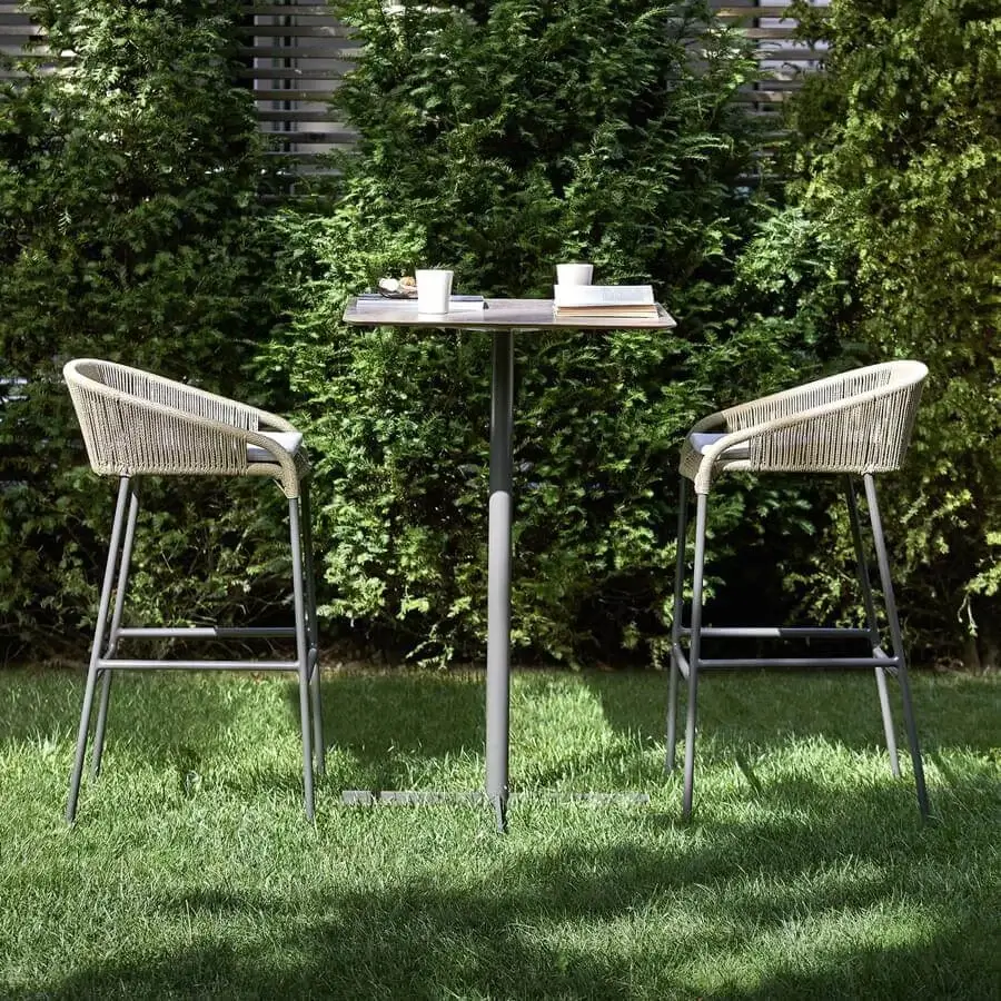 Sophisticated Varaschin Cricket bar stool crafted with aluminum and hand-woven synthetic fiber in a neutral beige-grey matte finish
