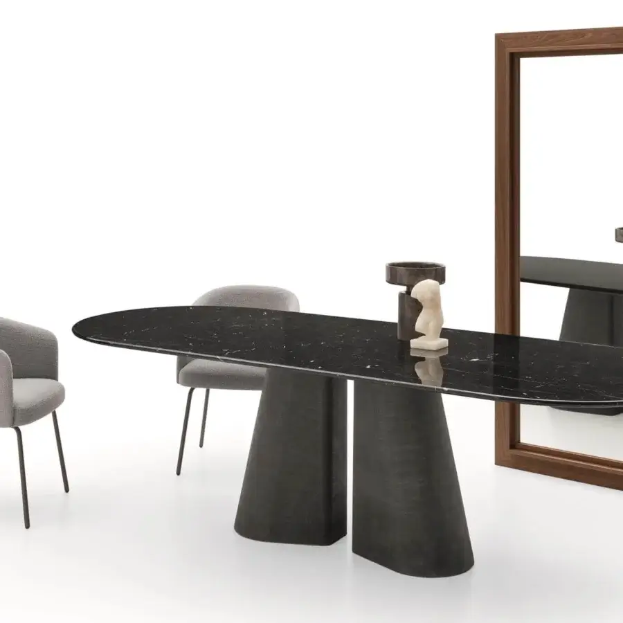 Distinguished Ditre Italia Pillar table with an oval marble top and two sculptural cement bases with a glossy finish