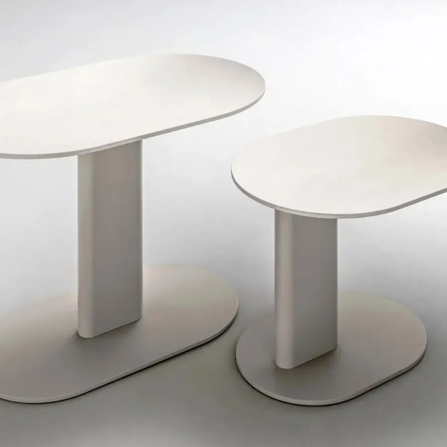 Elegant Varaschin Plinto side table with elliptical HPL or bush-hammered ceramic top and light gray powder-coated aluminum column