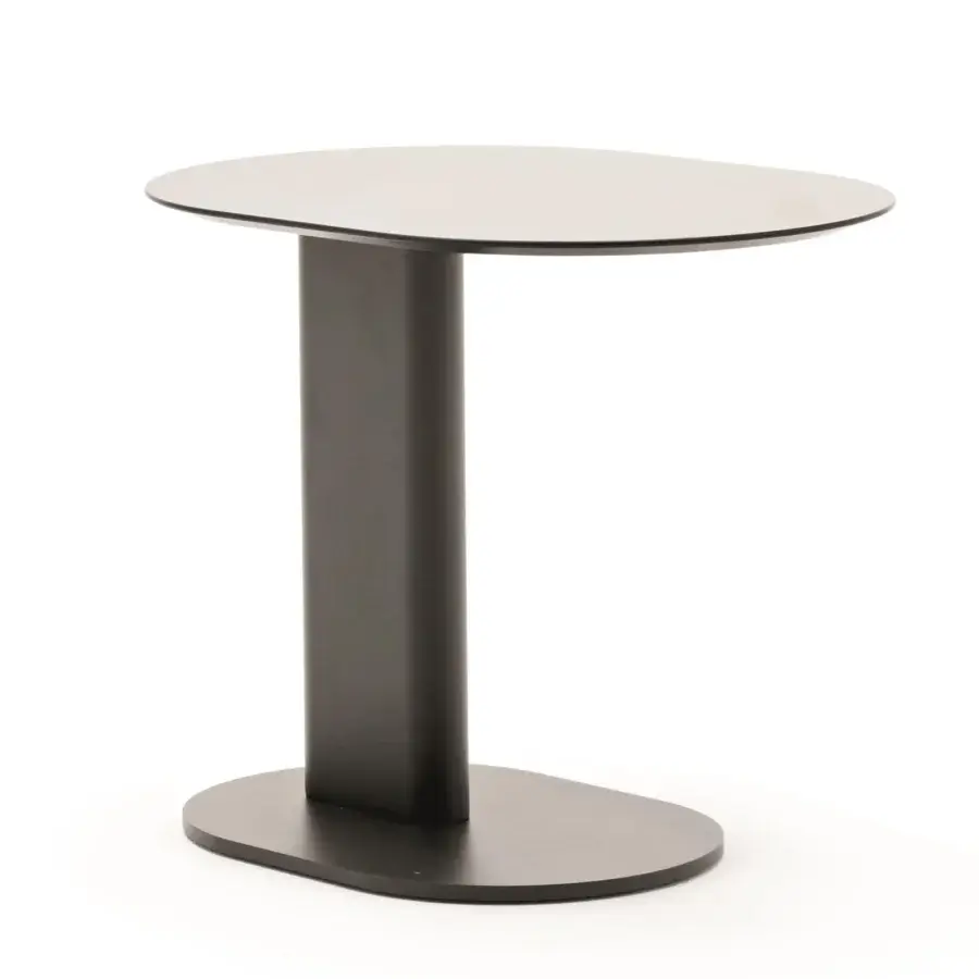 Distinguished Varaschin Plinto side table with elliptical HPL top and powder-coated aluminum column built with a steel base