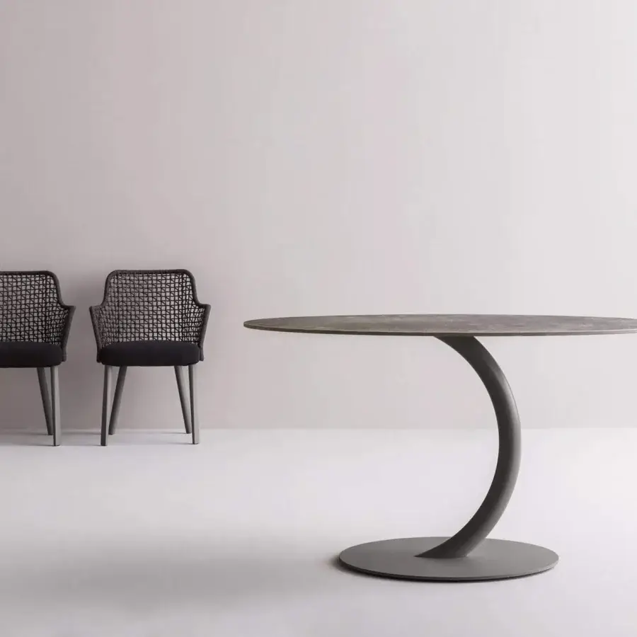 Sophisticated Varaschin Flexion table with grey HPL tabletop and curved pedestal built with powder-coated finish