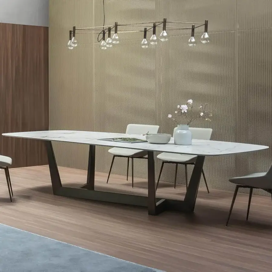 Elegant Bonaldo Art table with white and gray marble-patterned top and muted olive-green metal base boasts a polished glossy finish