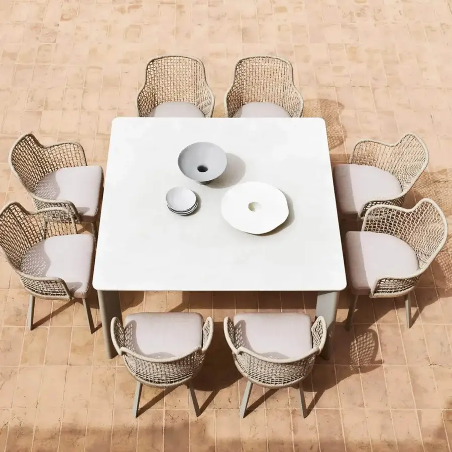 Exceptional Varaschin Plinto table crafted in light gray with powder-coated aluminum and a square HPL top