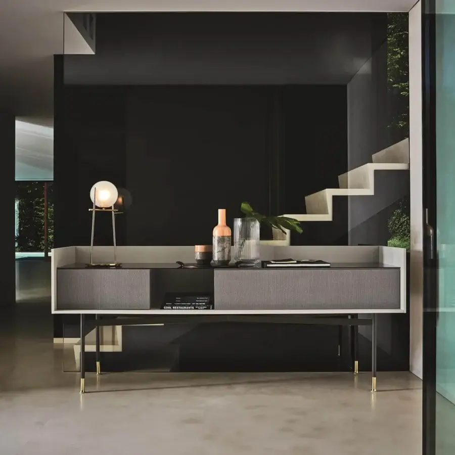 Exceptional Ditre Italia Dialogo sideboard with dove-gray textured wood and matte white components built with slender gold-toned legs