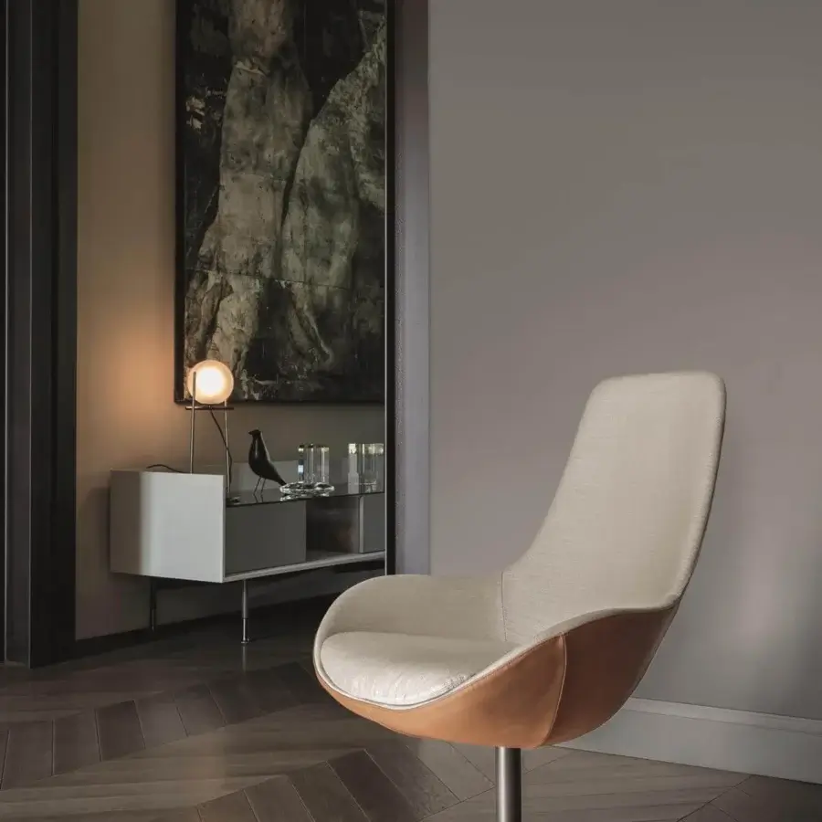 Superior Ditre Italia Dialogo sideboard with dove-gray textured wood, clear glass, and a sleek metal base crafted in Italy