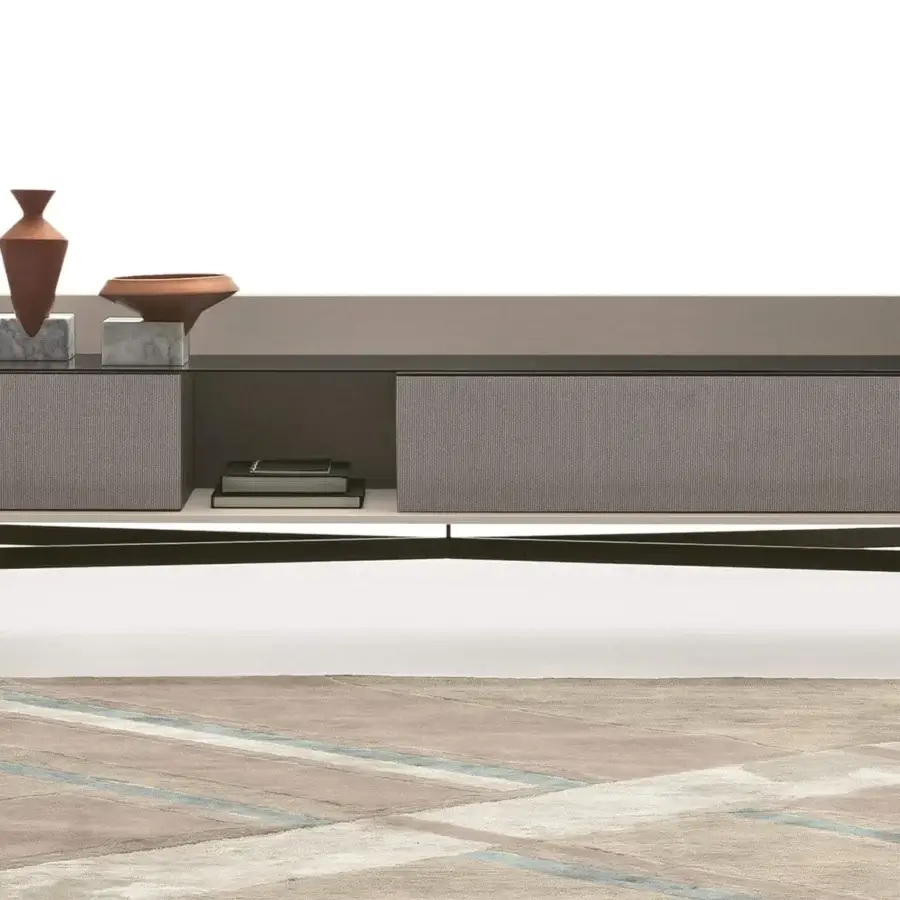 Elegant Ditre Italia Dialogo sideboard with light beige textured wood and dark gray top, built with a black metal base